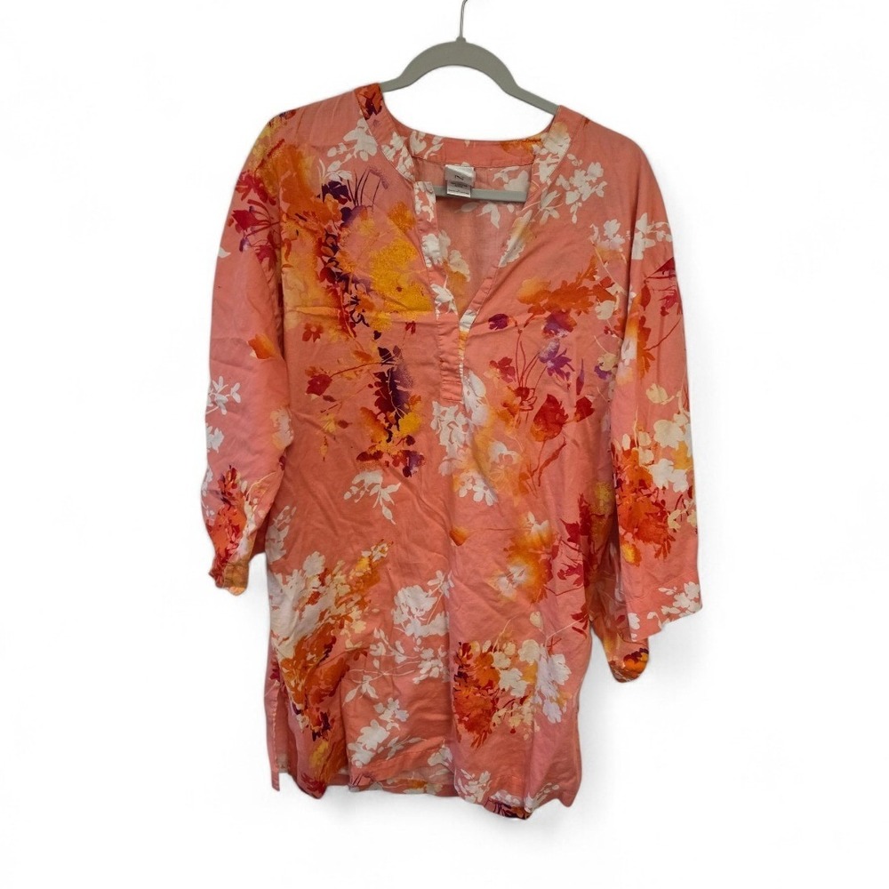 Natori Womens Floral Print Tunic Top Coral Pink Orange V-Neck Size L RN 89782